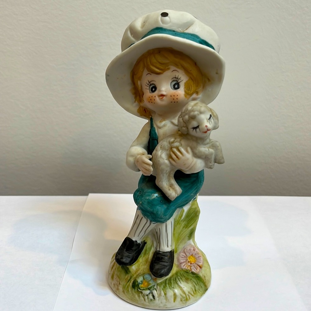 Vintage Bone China Hand Painted Figurine Ceramic Girl Holding Lamb Porcelain